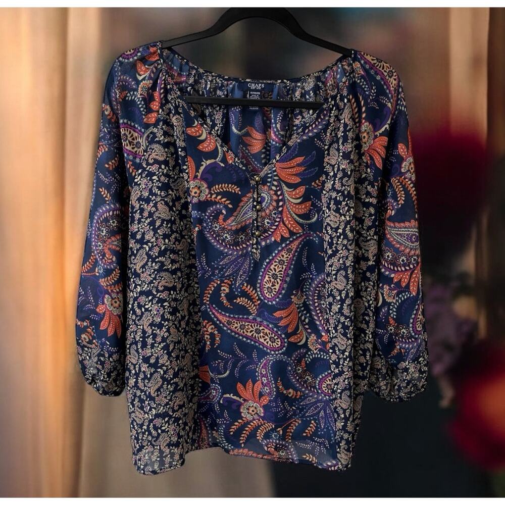 Chaps Boho Tunic Top Blue Paisley Mixed Pattern Peasant Semi Sheer‎ Size 1X
